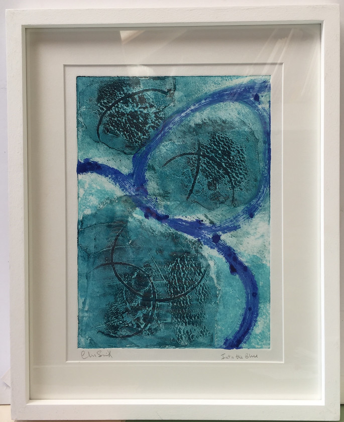 Into the blue 
 Collagraph on paper. Framed 50x40 cms. Stock no. 262/2016/06. Price 275. 
 Keywords: Collagraph, Cornwall, Art, Print, Expressive, Contemporary, Abstract, St Ives, Blue