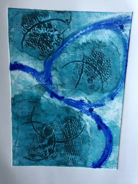 Into the blue ap 
 Collagraph original print AP. Unframed 56x38cms. Stock No. 226/2016/08. Price 225. 
 Keywords: Collagraph, original, print, sea, blue, deep, ocean, Cornwall, Art, Print, Expressive, Contemporary, Abstract