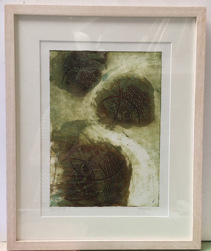 Etruscan II 
 Collagraph on paper 1/1. Framed 52.5x42.5 cms. Stock no. 175/2015/11. Price 275. 
 Keywords: Collagraph, Cornwall, Art, Print, Expressive, Contemporary, Abstract, Ancient, St Ives