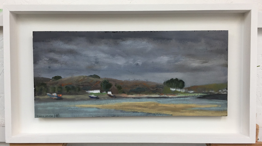 Lelant Saltings 
 Oil painting on Ply, painted plen aire. Framed 25x45x3 cms. Stock No. 379/2019/02. Price 195. 
 Keywords: Oil painting, Ply, Landscape, Contemporary, Saltings, Sea, Estuary, Cornwall, Lelant, Art, Plen Aire, Water.