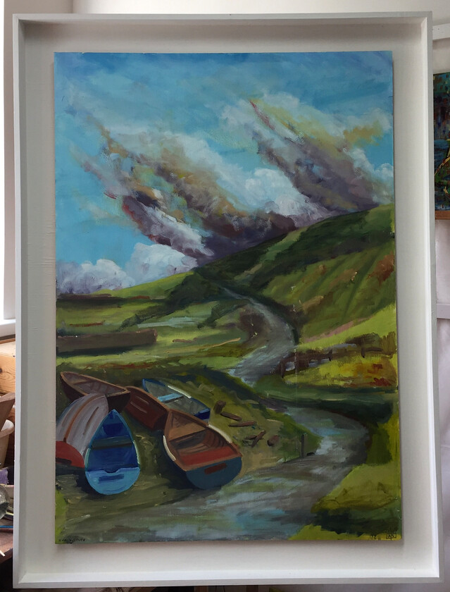 Cape Cornwall Boats 
 Small fishing boats hauled out at Cape Cornwall. Acrylic & oil on paper/plywood. Framed 117x87cms. Stock No.148/2014/2024. Price 1,250. 
 Keywords: #landscape #painting #acrylic #oil #capecornwall #contemporary #boats #fishing #cornwall