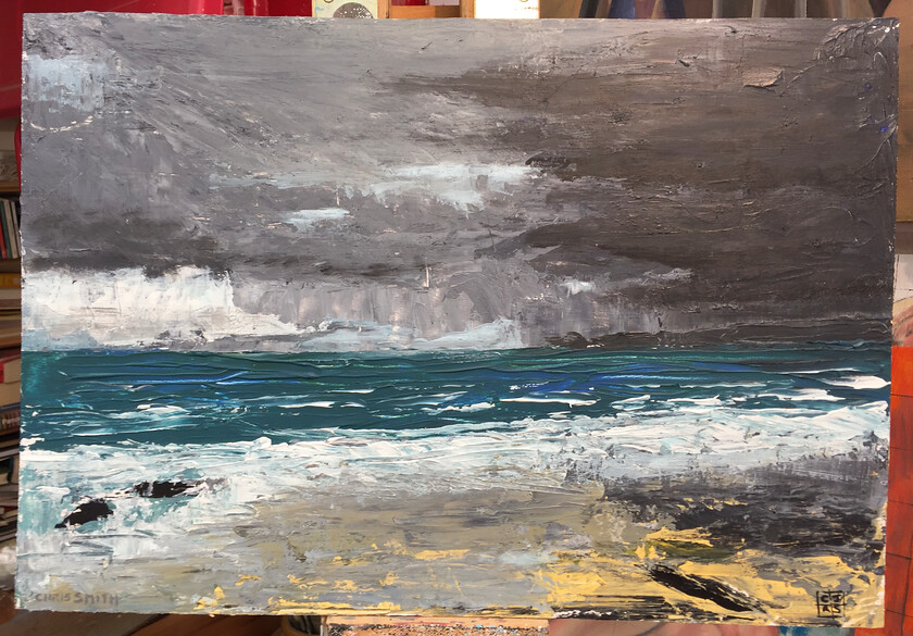 Sennen 
 Seascape of Sennen Cove, Cornwall. Acrylic on plywood. Unframed 35(h) x 50(w) cms. Stock No. 455/2021. Price 650. 
 Keywords: Seascape, landscape, painting, colour, expressive, contemporary, beach, StIves, Cornwall, Sennen, cove.