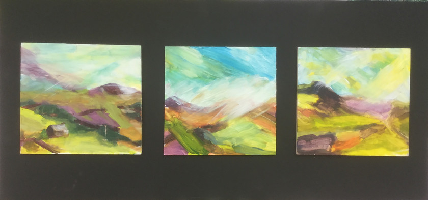 Ding dong triptych 
 Expressive Landscape, acrylic on mdf. Mounted on mdf 36 x 72x2 cms (hxwxd). Stock No. 252/2015. Price Sold. 
 Keywords: Expressive, Landscape, DingDong, mines, Penwith, triptych, acrylic, painting, art, fields, rural