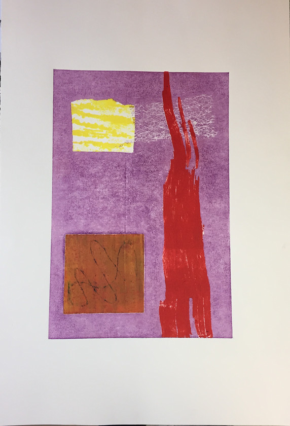 Stump V 
 Monoprint on paper. Unframed 56x38cms. Stock No. 343C/2017/11. Price 195. 
 Keywords: Monoprint, Contemporary, Cornwall, Art, Print, Expressive, Abstract, Colour, St Ives.