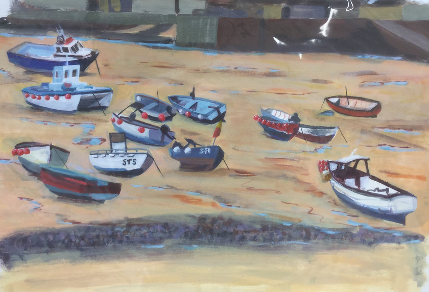 St Ives Harbour 
 Plein aire landscape, acrylic on Fabriano paper. Unframed 50 x70 cms (hxw). Stock No. 223/2016. Price 275. 
 Keywords: Plein aire, landscape, Harbour, St Ives, boats, fishing, seawall, tide out, acrylic, painting, art