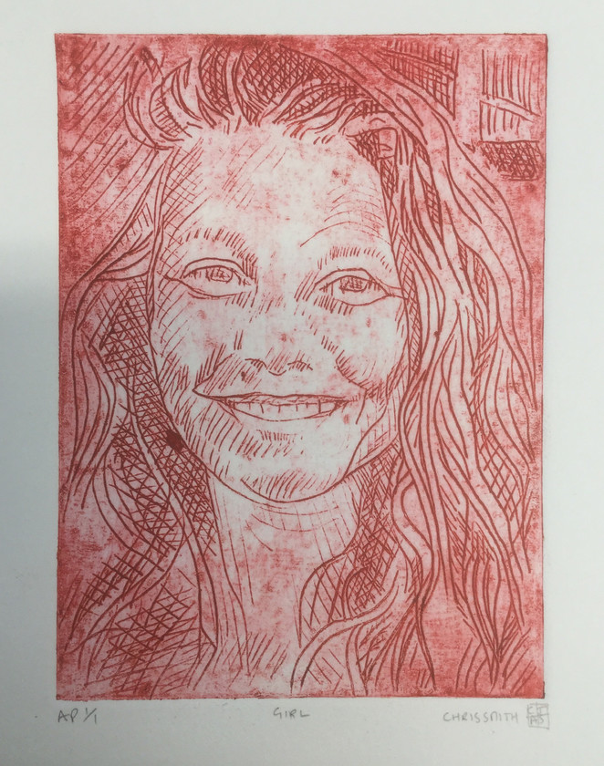 Girl 
 Engraving printed on Fabriano. Framed 33x28cms. Artists proof 1/1. Stock No. 310/2016/09. Price 155. 
 Keywords: Engraving, paper, girl, face, portrait, smile, art, figurative, beauty