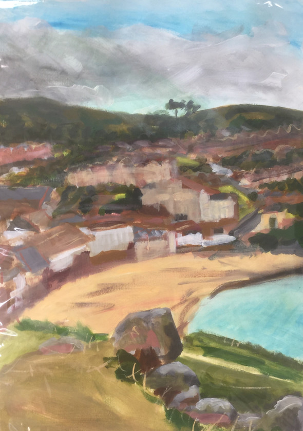 Porthmeor 
 Plein aire landscape, acrylic on Fabriano paper. Unframed 70x50cms (hxw). Stock No. 045/2014. Price 120. 
 Keywords: Expressive, landscape, Porthmeor, St Ives, beach, Tate, Gallery, art, painting, acrylic, plain aire.