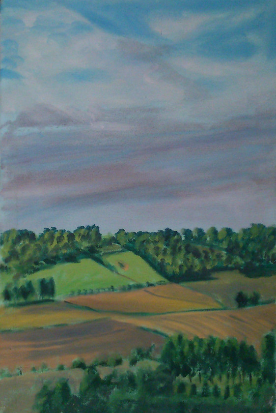 Chilterns Loosley Row II 
 Chiltern Hills 2 from Loosely Row, Bucks. Oil on canvas, unframed Stock No.L/061/2013/06 45.5x30.5x1.5 (hwd cm) Price 150 
 Keywords: Buckinghamshire, Chiltern Hills, Loosely Row, Rural, Fields, Summer, Area of outstanding natural beauty