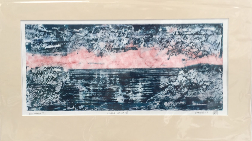 Ocean Sunset I 
 Collagraph on paper. Unframed 38x56 cms. Stock No. 218/2016/04. Price 225 
 Keywords: Collagraph, Cornwall, Art, Print, Expressive, Contemporary, Landscape, Seascape,