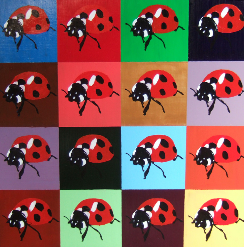 Ladybirds 
 Acrylic on hardboard Stock No.L/189/2013/06 66.5x66x2 (hwd cm) framed Price 325 
 Keywords: Ladybirds pop art multiple images Andy Warhol colour