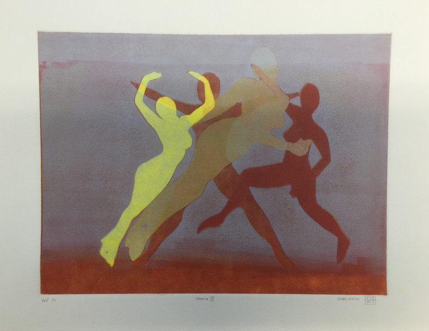 Dance IV 
 Multiple layered monoprint. Artist proof 1/1. Unframed 38x56 cms. Stock No. 295/2016/12. Price 235. 
 Keywords: Dance, ballet, girls, women, figurative, art, monoprint, multiple layers, abstract