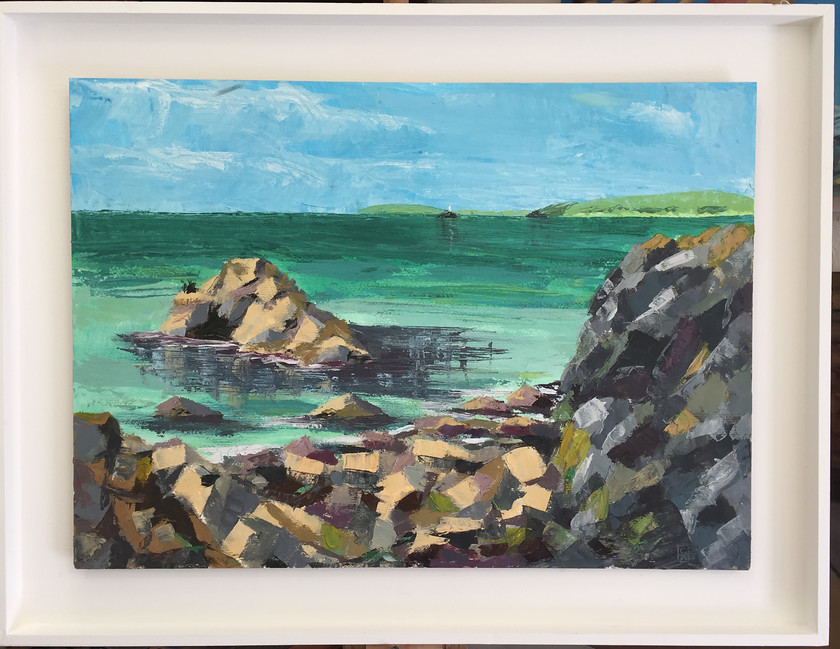 Porthgwidden Rocks 
 Oil on Ply. Framed 65x85 cms. Stock No. 365/2018/03. Price 625. 
 Keywords: Oil painting, Landscape, Contemporary, Cornwall, Art, Seascape, Rocks, Expressive, St Ives, Porthgwidden