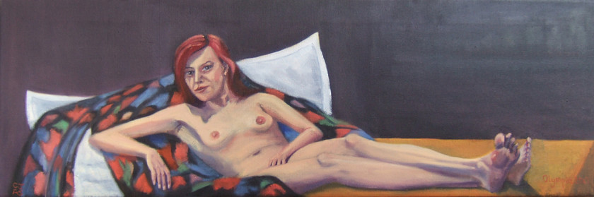 Modern Olympia 
 Oil on canvas Stock No.L/004/2013/05 30.5x91.5x1.5 (hwd cm) Price 600 
 Keywords: Olympia nude girl modern reclining beauty beautiful