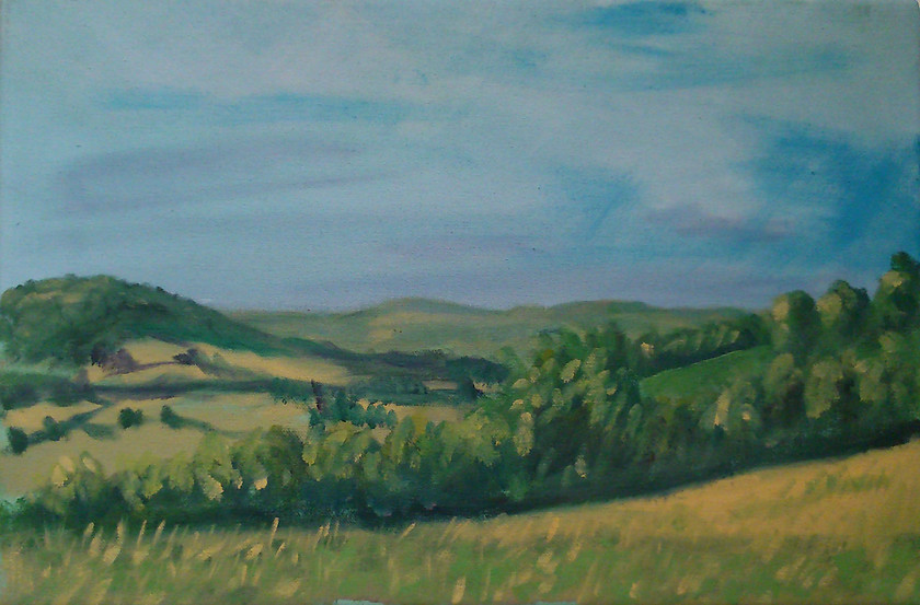 Chilterns Loosley Row 
 Chiltern Hills from Loosely Row, Bucks. Oil on canvas unframed Stock No.L/060/2013/05 30.5x45.5x1.5 (hwd cm) Price 150 
 Keywords: Landscape, Buckinghamshire, Chiltern Hills, Summer, Loosely Row, Fields, Green, Rural, Area of outstanding natural beauty